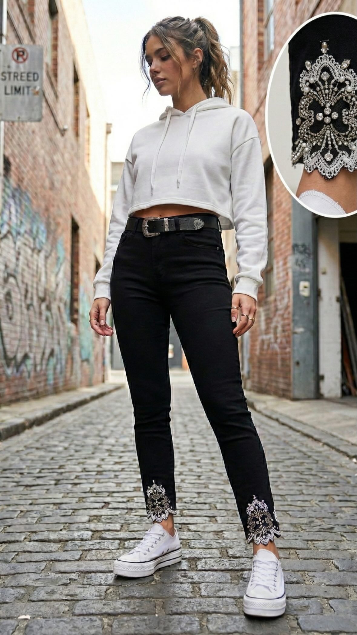 Jean bordado blanco negro